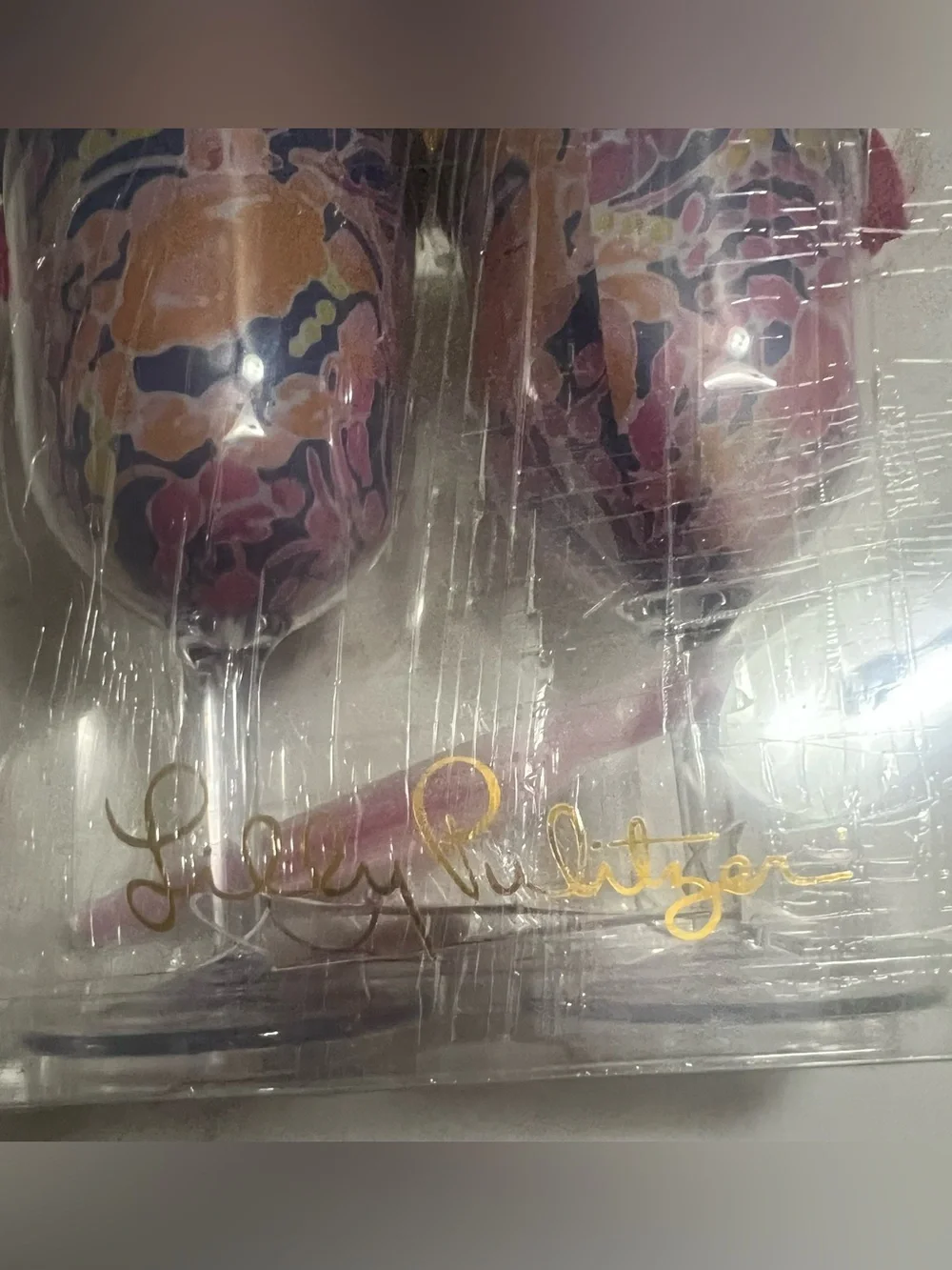 Lily Pulitzer Acrylic Catch And Release Sip Sip Wine Glasses Gold Lids Straw New